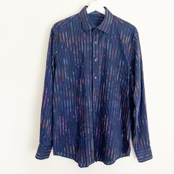 Bugatchi Uomo Blue Rainbow Stripe Button Long Sleeve Flip Cuff Shirt Men’s M - Picture 1 of 11